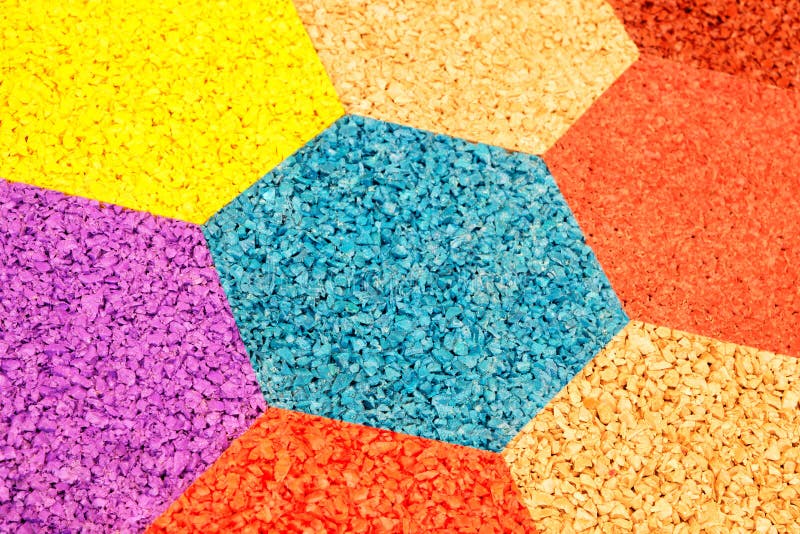 Multicolor hexagons abstract pattern, rubber crumb texture background, flooring for stadiums and playgrounds