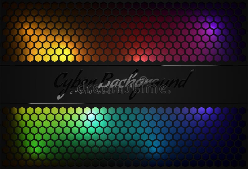 Multicolor neon backlight under black hexagonal grid. Gamer background, cyberpunk style headline design. Color lights hardwear stock illustration
