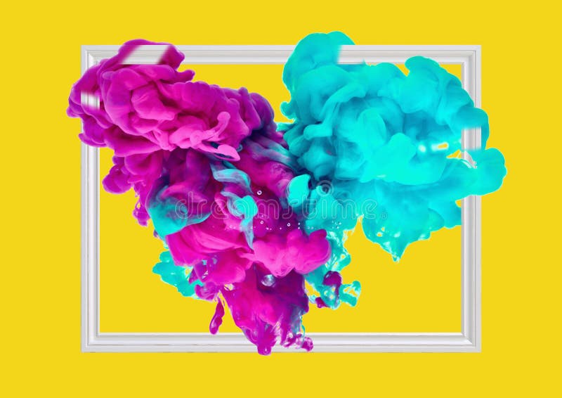 Multicolor Paint Smoke Explosion with Square Frame on Classic Yellow Background. Creative
