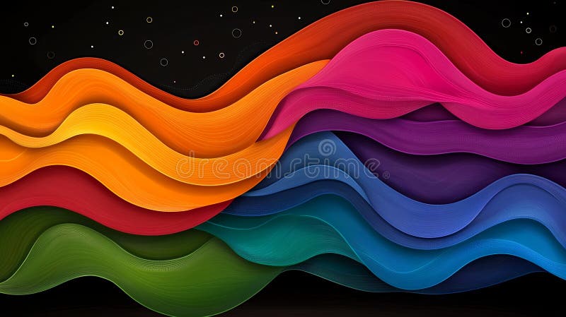 Multicolored Abstract Waves with Shimmering Particles on Dark stock illustration