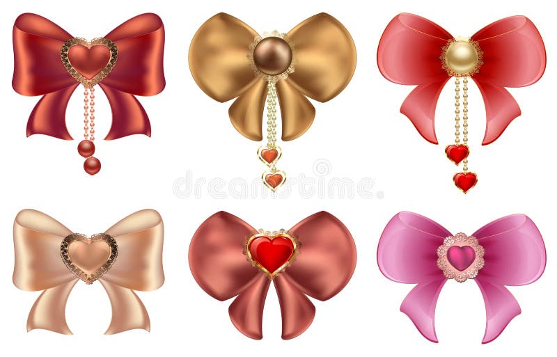 Multicolored bows with hearts and pearl jewelry. Red and gold hearts with vintage ornaments and bows vector illustration Multicolored bows with hearts and pearl jewelry. Red and gold hearts with vintage ornaments and bows vector illustration