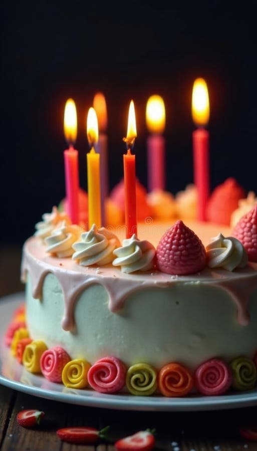 Multicolored cake with burning candles, close up , homemade cake, macro royalty free illustration