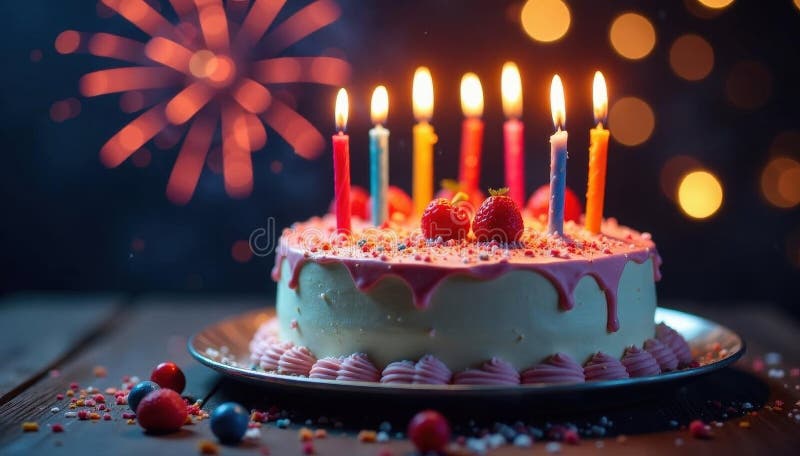 Multicolored cake with flickering candles and sparkling fireworks , happy, bright royalty free illustration