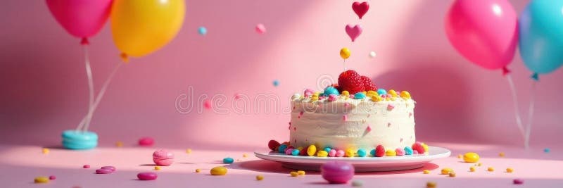 Multicolored cake, floating balloons, shadowy setting, bright, party. Multicolored cake floating balloons shadowy setting bright party AI-generated for unique and creative designs AI Generated