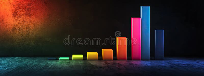 Multicolored chart graph on black background. Selective focus. Color. AI generated