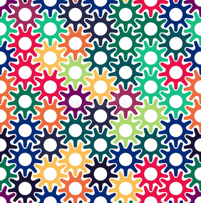 Seamless multicolor geometric pattern with interlaced gears in the shape of an abstract sun. Vector image.