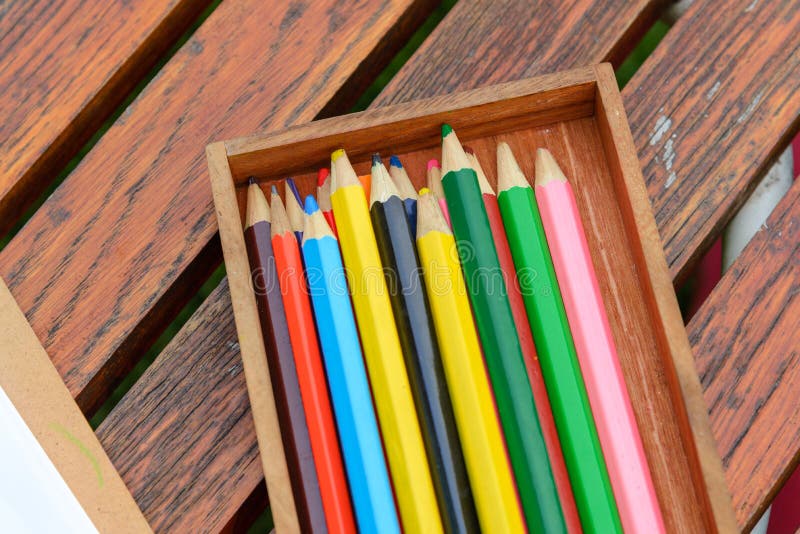 Multicolored Crayons in Wooden Box Stock Photo Image of education
