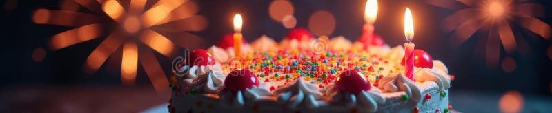 Multicolored frosted cake, glowing candles, sparkling fireworks , delicious, colorful royalty free illustration