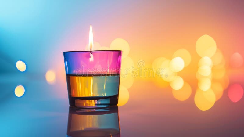 Multicolored glass candle with vibrant bokeh background stock photography