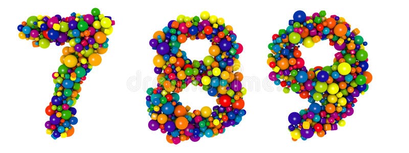 Multicolored letters number 7 8 9. Funny 3D illustration. Glossy multicolored decorative balls text. 3D render of bubble font with glint isolated on white background.