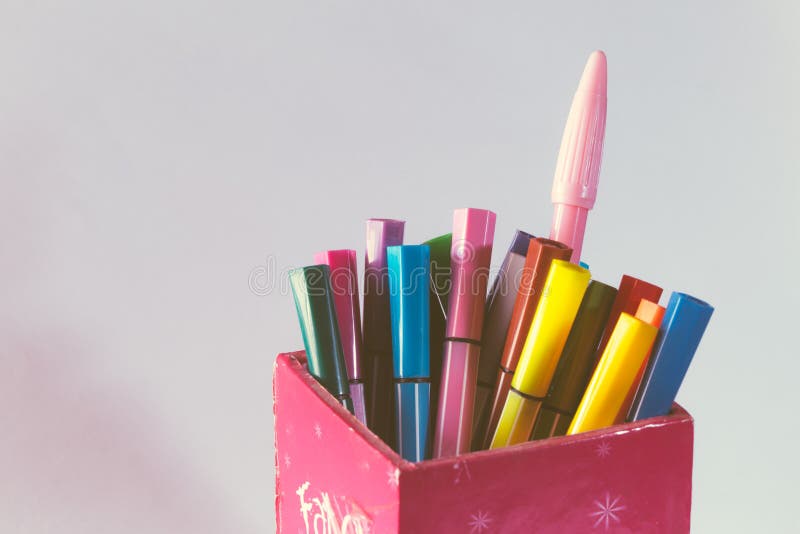 Multicolored of magic colors colours for paint or draw on paper with copy space and vintage color effect stock photos
