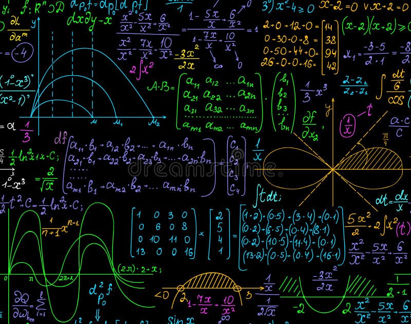 Multicolored math scientific vector seamless pattern with geometry figures, calculations and formulas vector illustration