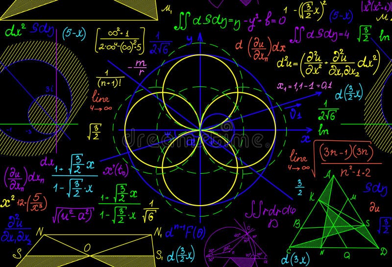 Multicolored math vector seamless pattern with handwritten plots, equations, formulas. royalty free illustration