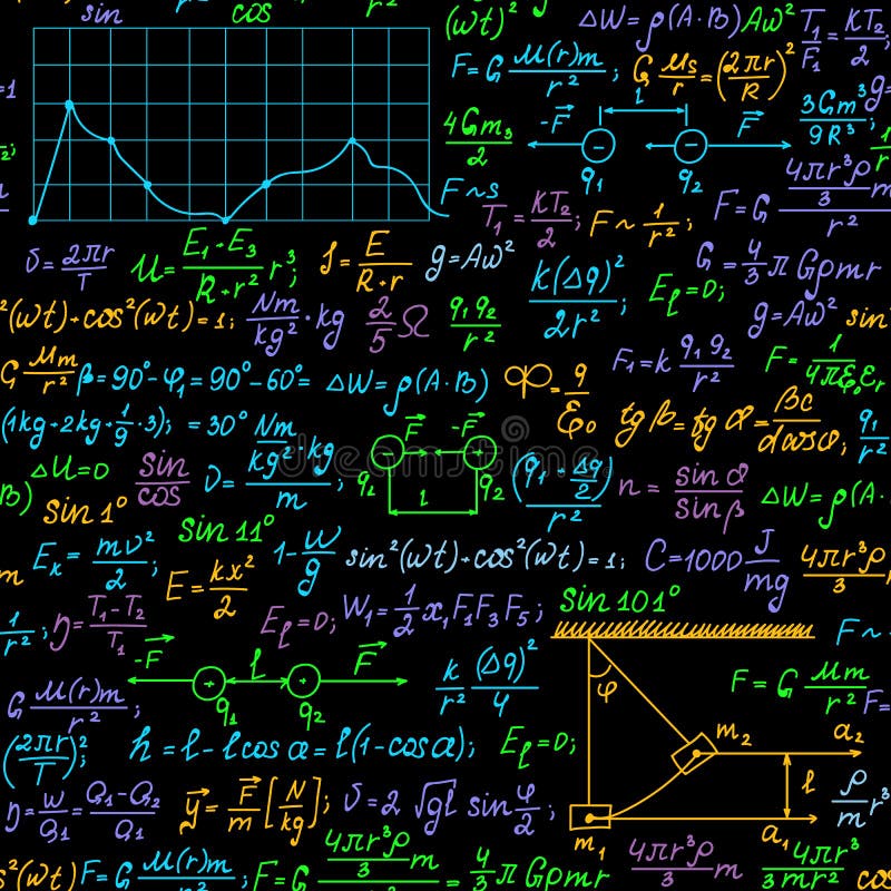 Multicolored physics vector seamless pattern with handwritten plots, formulas and calculations vector illustration