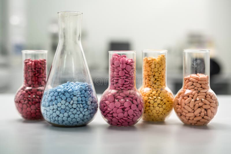Multicolored pillen in glasflessen royalty-vrije stock foto Multicolored pillen in glasflessen royalty-vrije stock foto