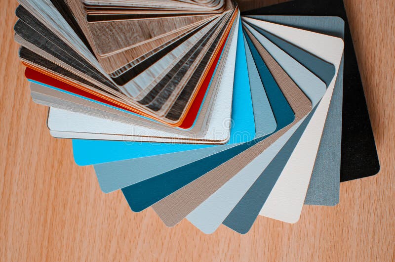 Multicolored PVC Polymer Vinyl sample for customers Close-up selective focus royalty free stock images.