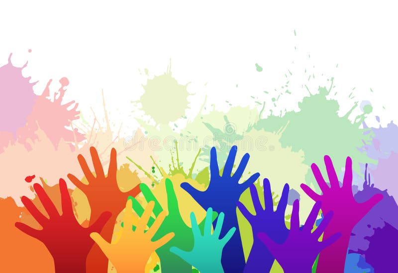 Multicolored rainbow children's hands on background of watercolor splashes. Vector element for your creativity