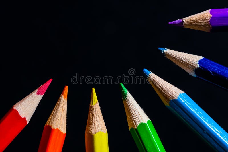 Multicolored Rainbow Pencils. Coloured Pencils Isolated on Black Background  Close Up. Top View. Macro Photography Stock Photo - Image of draw, drawing:  163834366