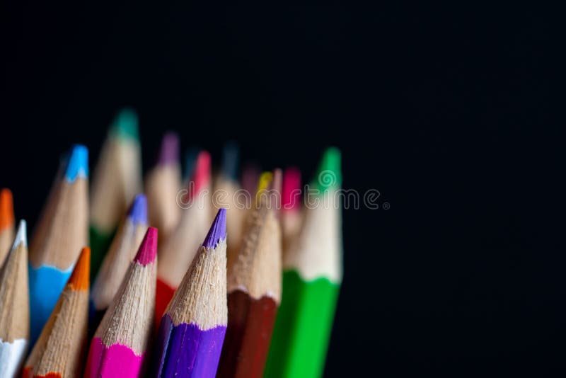 Multicolored Rainbow Pencils. Coloured Pencils Isolated on Black Background  Close Up. Top View. Macro Photography Stock Photo - Image of close,  drawing: 163834474