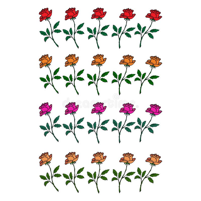 Multicolored Roses Lined in Rows. Floral Background. Vector Set Roses