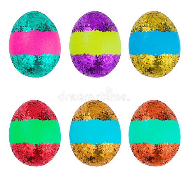 Multicolored set of eggs with glitter in close-up, isolated on a white background. Easter egg.