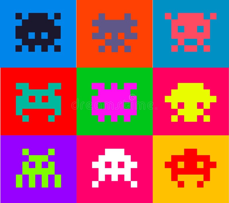 Multicolored set of pixel crab aliens. vector illustration