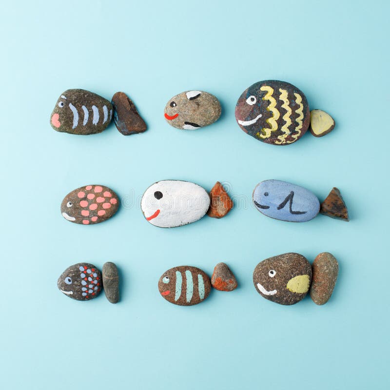 Multicolored Stones and Creative Fish Made of Stone. the Painting is  Painted in Different Colors in Texture Style on Blue, DIY, Stock Photo -  Image of handmade, drawing: 157162134