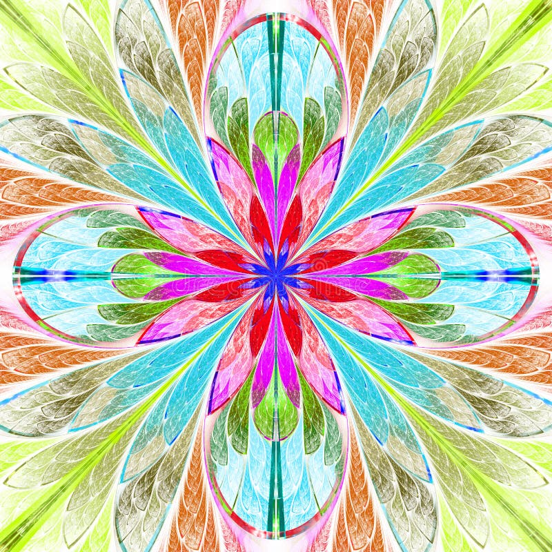 Symmetrical Multicolor Fractal Flower in Stained Glass Style. Co Stock
