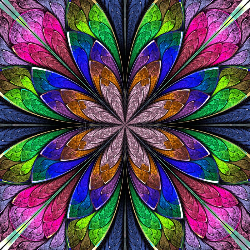 Multicolored Symmetrical Fractal Flower in Stained-glass Window Stock ...