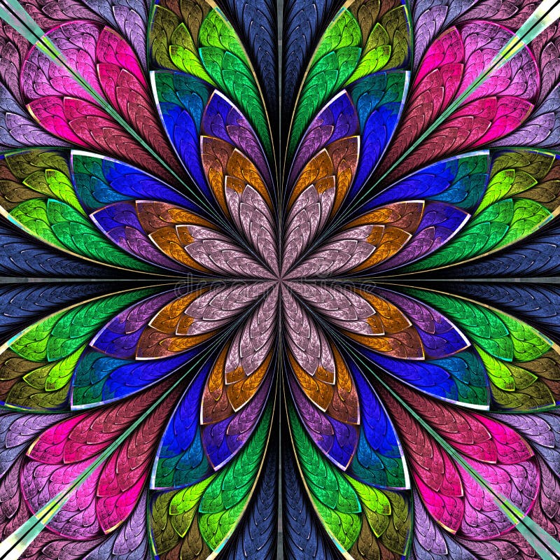 Multicolored Symmetrical Fractal Flower in Stained-glass Window Stock