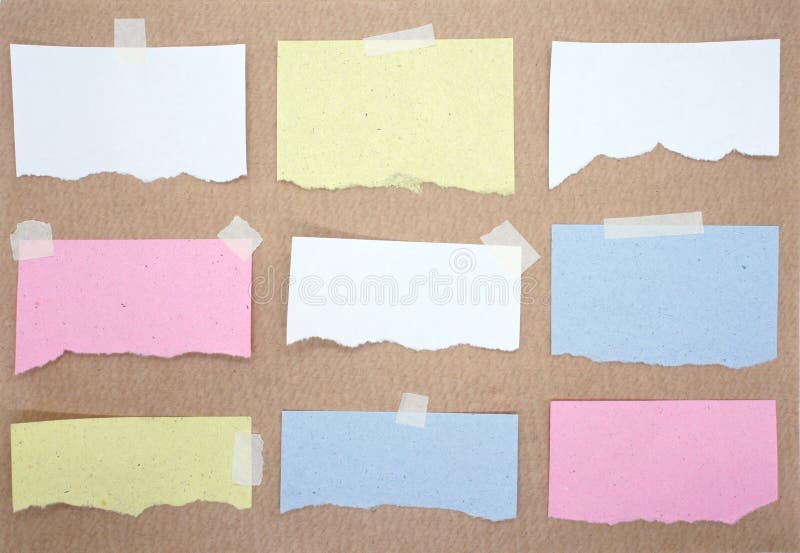 Multicolored torn note papers stuck with sticky tape. A collection of nine different pieces of paper sheets. Mockup for design. Bl stock photos