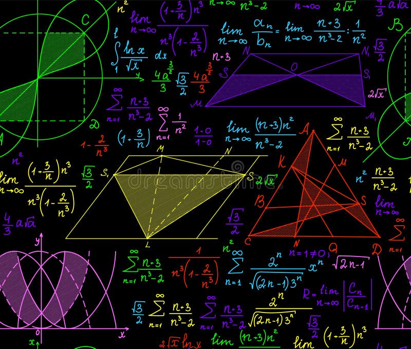 Multicolored vector seamless pattern with handwritten mathematical formulas and equations.