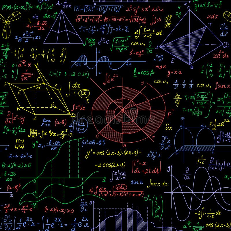 Multicolored vector seamless pattern with handwritten mathematical and physics formulas, plots, figures. royalty free illustration
