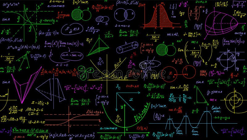 Multicolored vector seamless pattern with handwritten mathematical and physics formulas, plots, figures. vector illustration