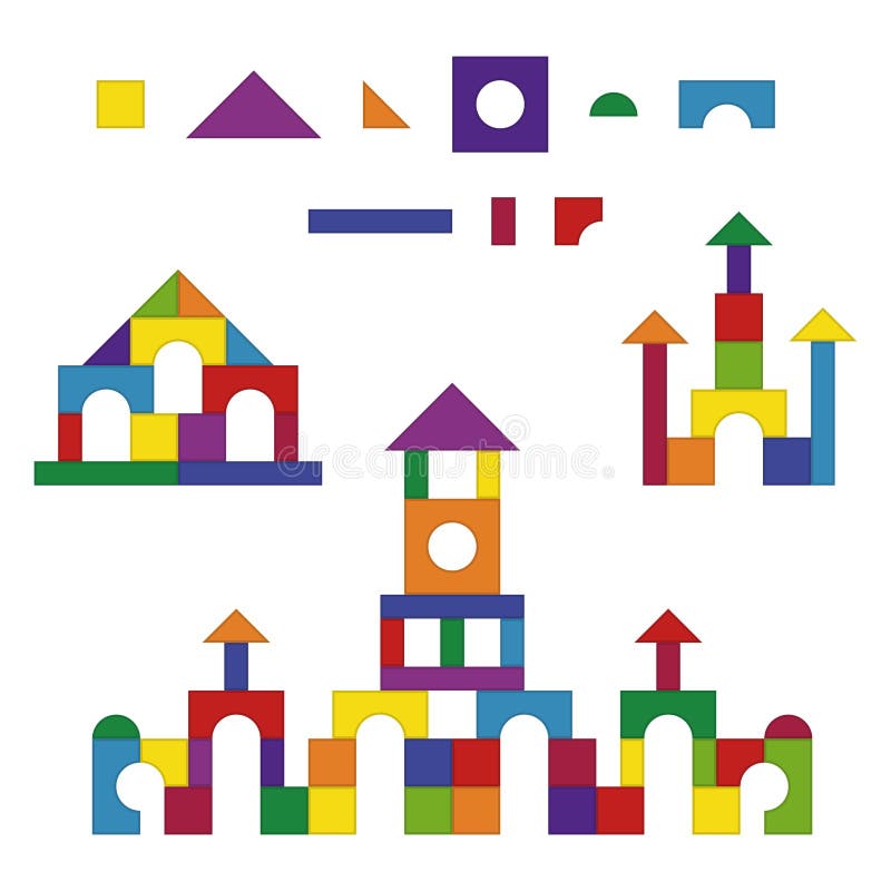 Multicolored wooden kids blocks toy details building kit set. Brick parts for the construction of a children tower