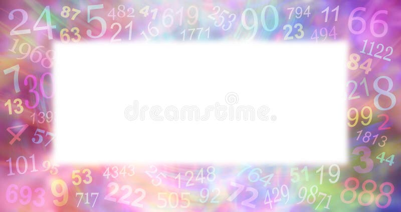 Multicoloured Numerology Numbers border background. Random pale faded numbers creating a border on a wispy multicoloured background with a central white copy vector illustration Multicoloured Numerology Numbers border background. Random pale faded numbers creating a border on a wispy multicoloured background with a central white copy vector illustration