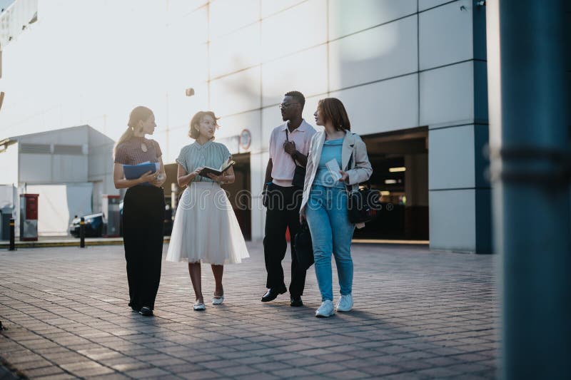 Multicultural business team walking and discussing ideas in the city royalty free stock image