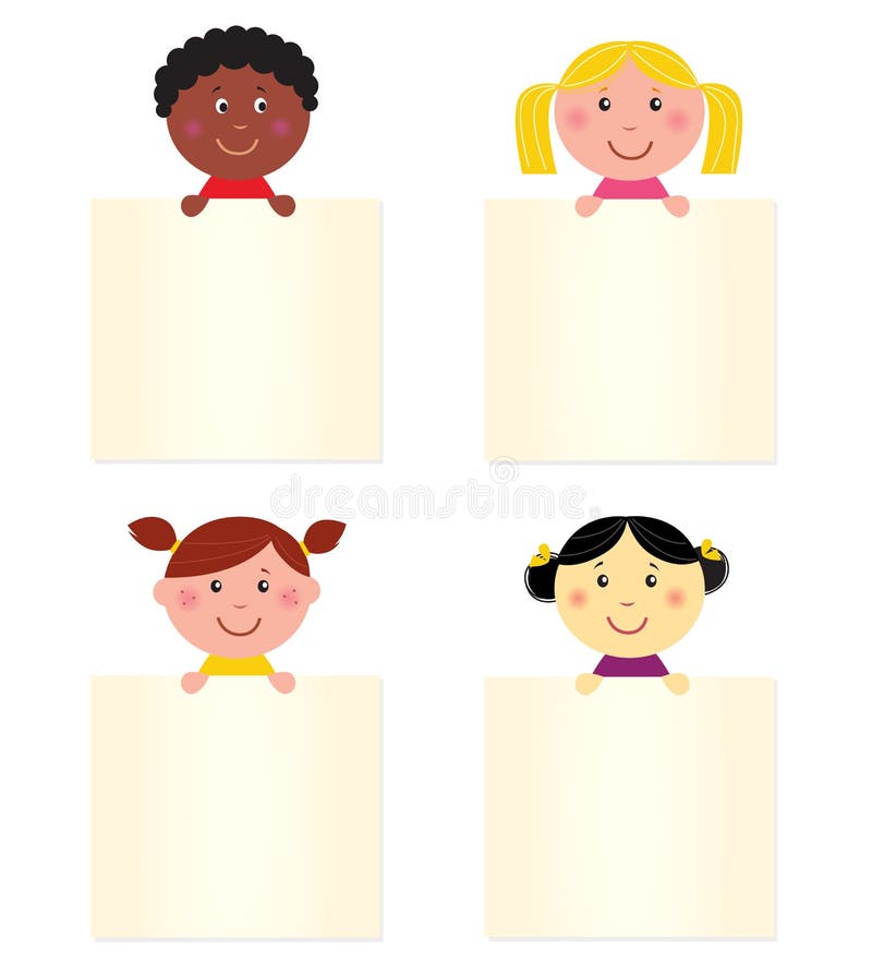 Four cute children with blank banners. Vector Illustration. Hispanic family cartoon vectors