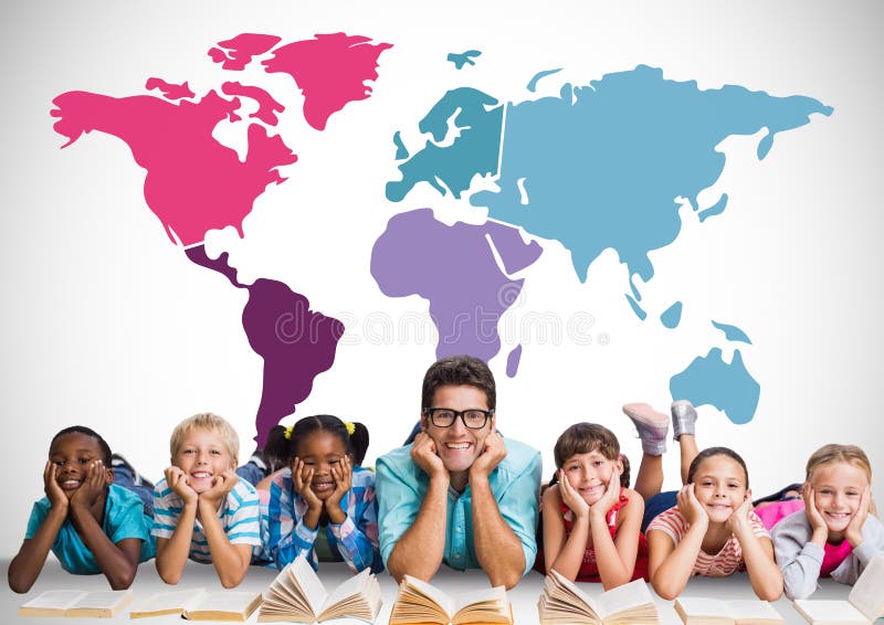 Multicultural kids reading in front of colorful world map with teacher royalty free stock image Multicultural kids reading in front of colorful world map with teacher royalty free stock image