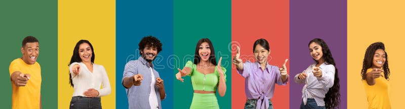 Multicultural men and women pointing at camera, collage royalty free stock photo