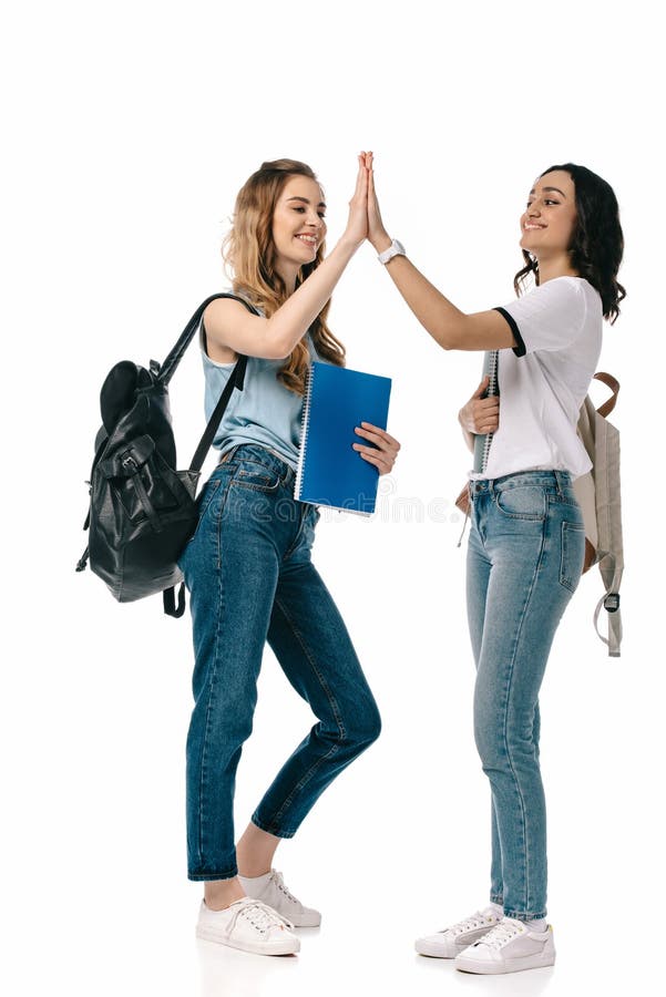 Multicultural students giving high five royalty free illustration