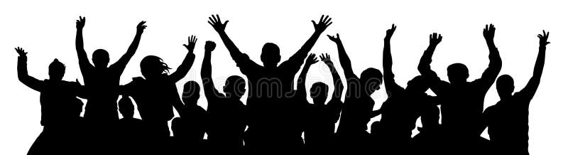 Crowd of fun people. A young group of people raised their hands up. Silhouette of vecton illustration. Crowd of fun people. A young group of people raised their hands up. Silhouette of vecton illustration.