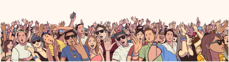 Multidão estilizado do festival da ilustração no concerto vivo que partying e que tem o divertimento