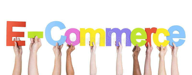 Multiethnische Arme Angehoben, Text-E-Commerce Halten ...