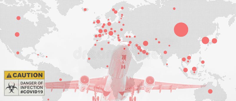 Multiexposure of world map mwith red spots of corona virus covid 19 infected countries with taking off airplane and coronavirus. Covid 19 caution sign, corona stock image Multiexposure of world map mwith red spots of corona virus covid 19 infected countries with taking off airplane and coronavirus. Covid 19 caution sign, corona stock image