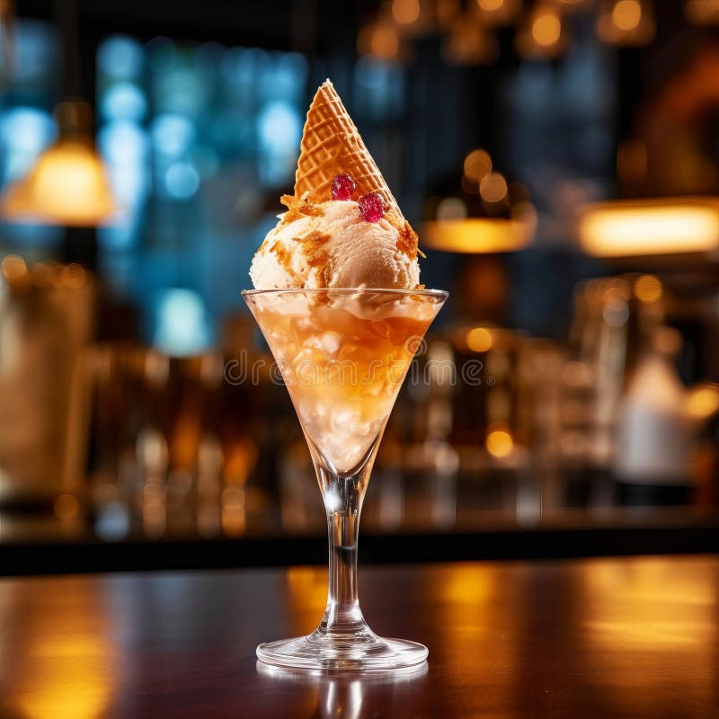 Multifruit ice cream in a dessert glass on the background of a nightclub. Beautiful composition of sweet fruit ice cream scoops in vector illustration