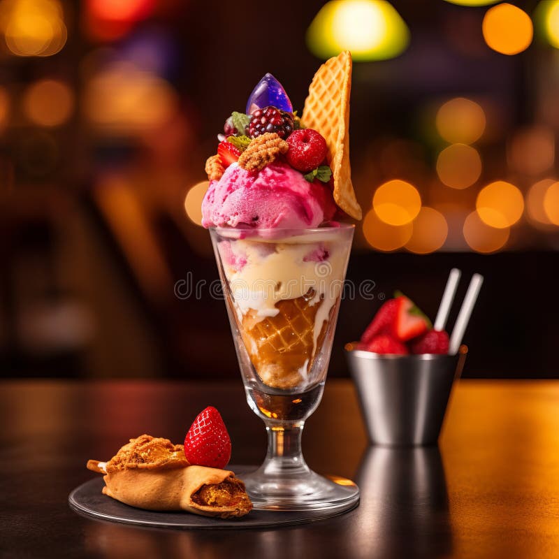Multifruit ice cream in a dessert glass on the background of a nightclub. Beautiful composition of sweet fruit ice cream scoops in royalty free illustration