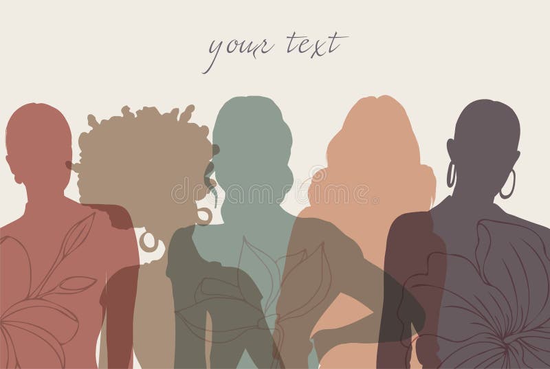 Multikulturelle Vielfalt Frauen und Mädchen porträtieren Vorderansicht Silhouette. Frauentag. Frauensozialgemeinde mit vielfältige stock abbildung