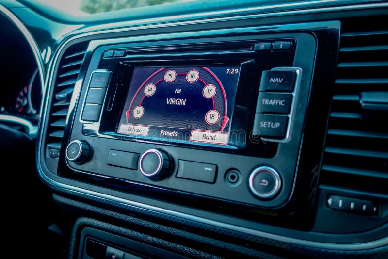 Multimedia big display navigation unit with touchscreen inside classic modern german european coupe car stock photography Multimedia big display navigation unit with touchscreen inside classic modern german european coupe car stock photography