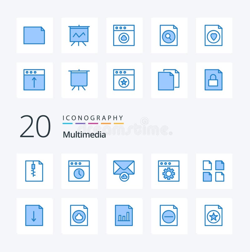 20 Multimedia Blue Color icon Pack like export document mail multiple documents vector illustration